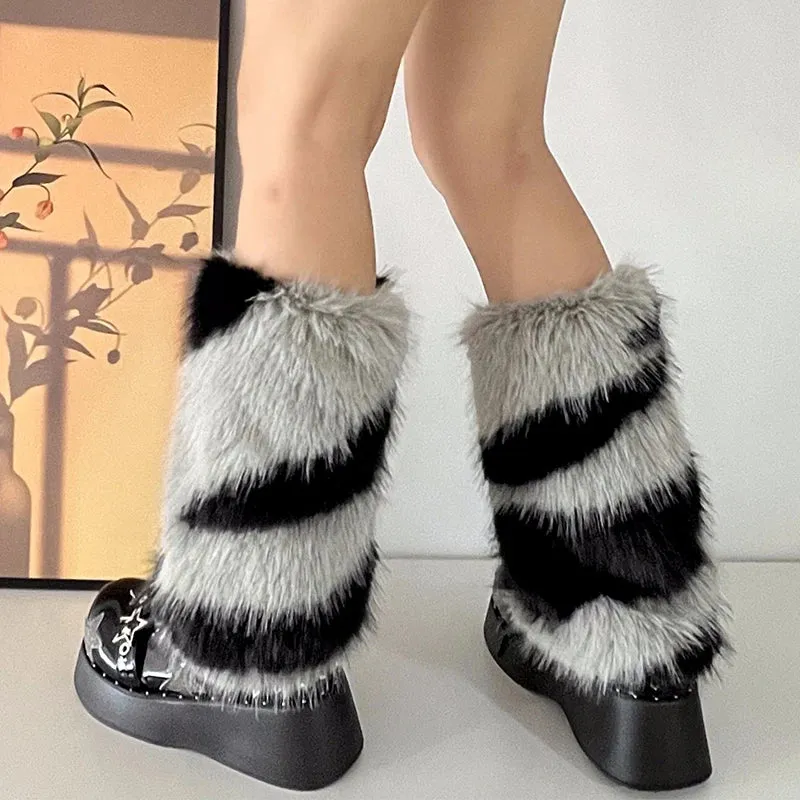 Sohiwoo PUNK Zebra Pattern Faux Fur Leg Warmers Cosplay Women Gothic Leggings Boots Cover Harajuku Night Club Sexy Party Accessories