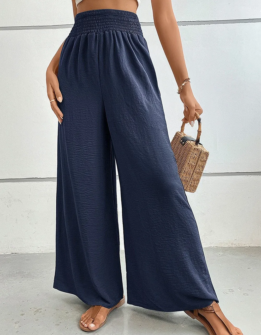 Solid-color Mid-Waist Pocket Flared Wide-Leg Pants