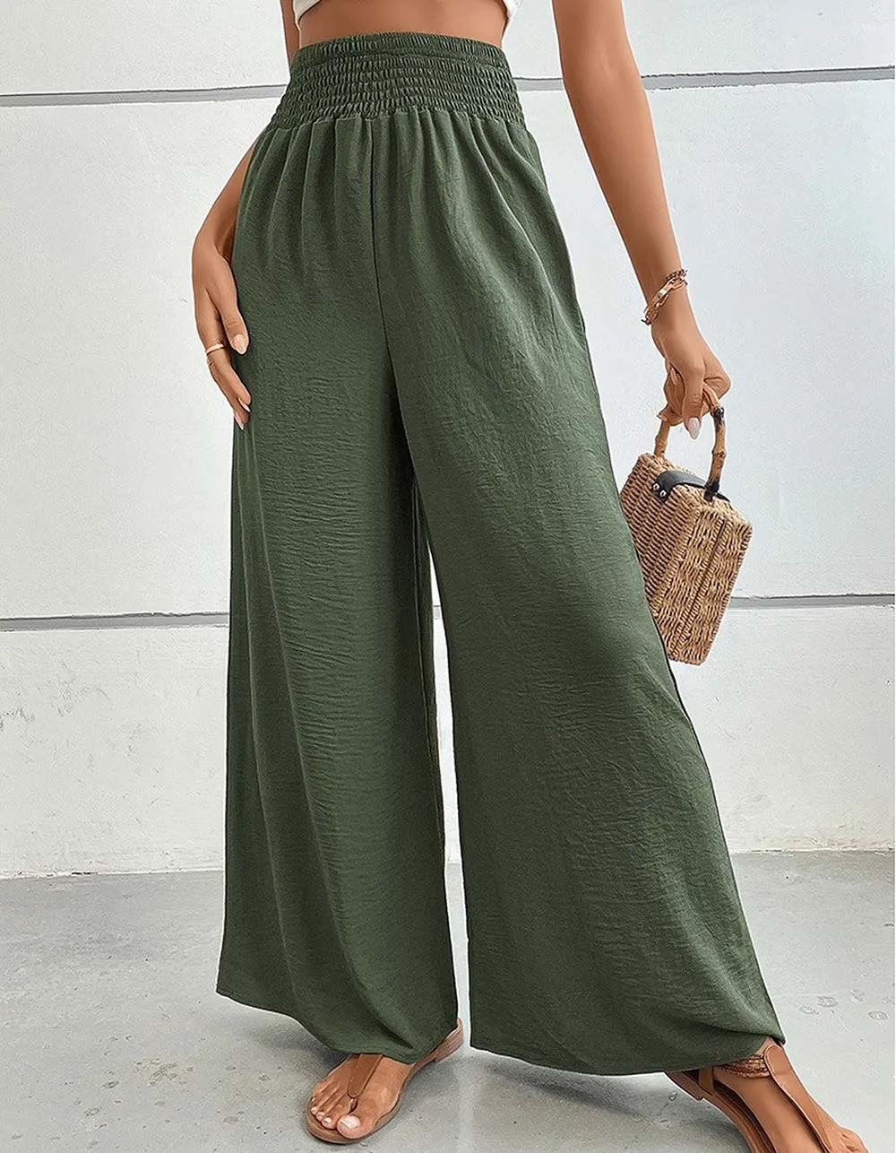 Solid-color Mid-Waist Pocket Flared Wide-Leg Pants