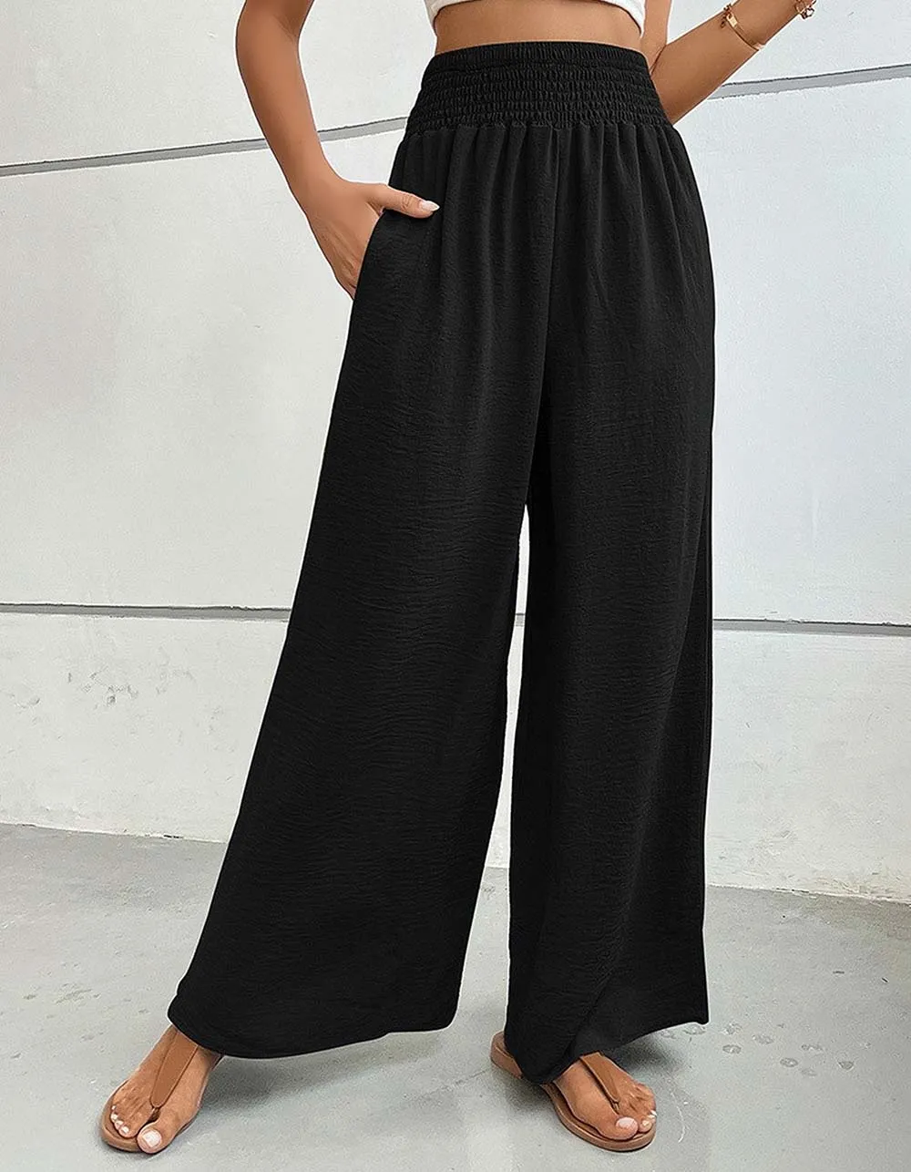 Solid-color Mid-Waist Pocket Flared Wide-Leg Pants