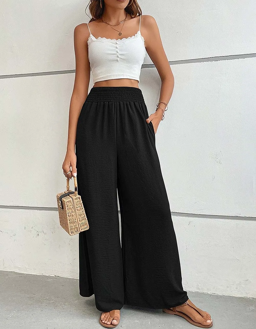 Solid-color Mid-Waist Pocket Flared Wide-Leg Pants