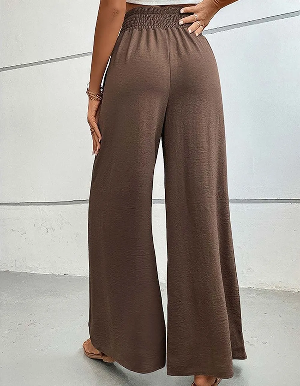 Solid-color Mid-Waist Pocket Flared Wide-Leg Pants