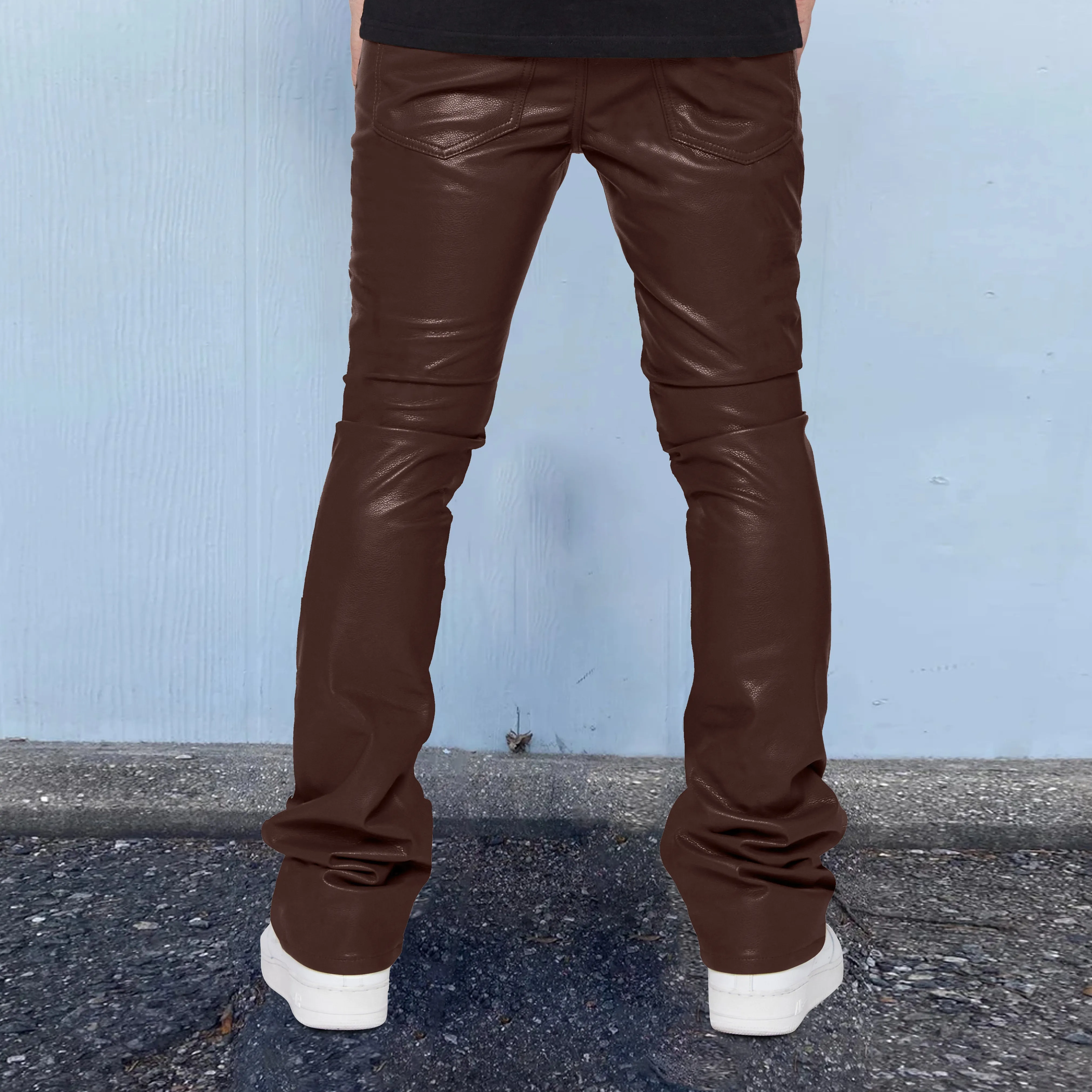 Solid color PU leather casual slim bootcut pants