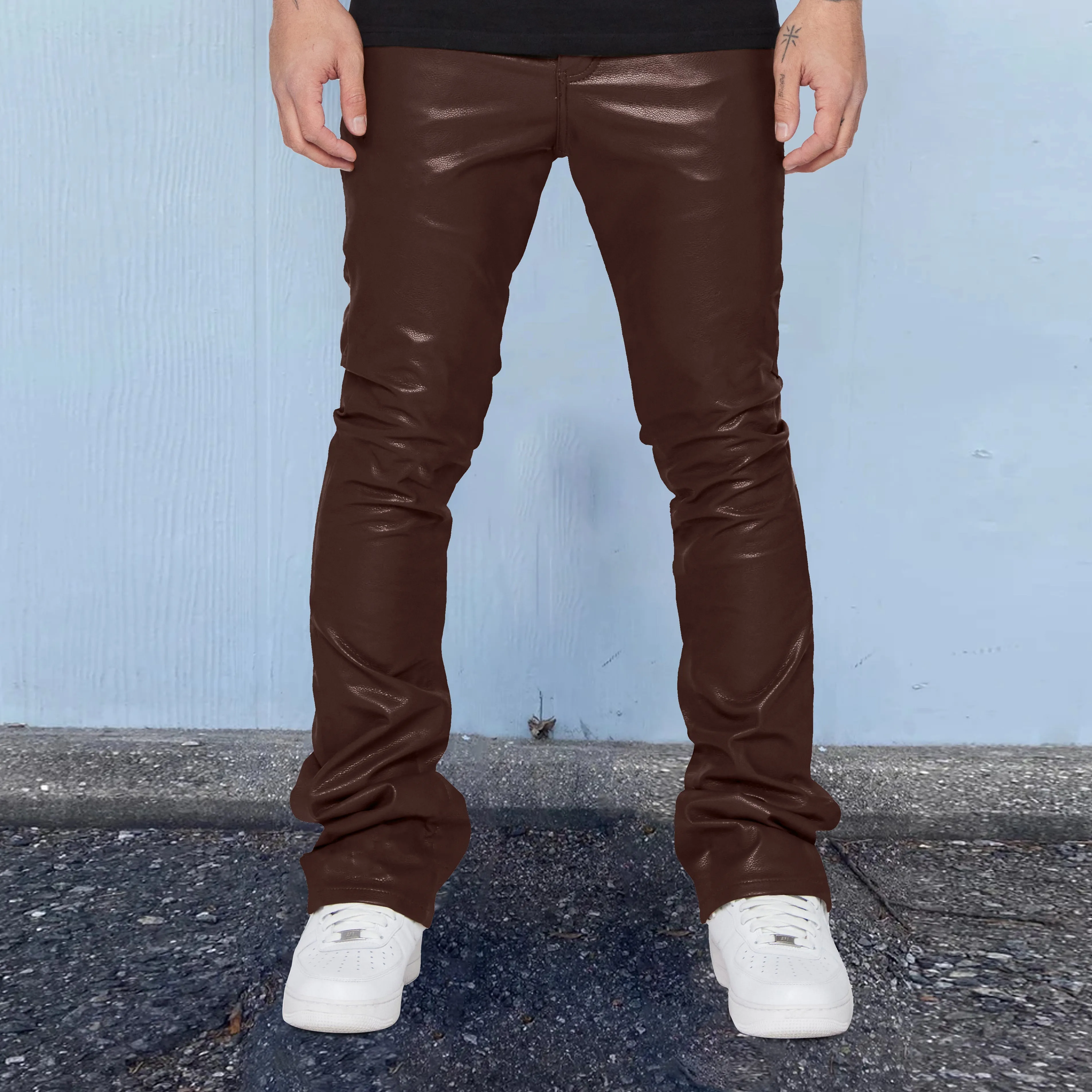 Solid color PU leather casual slim bootcut pants