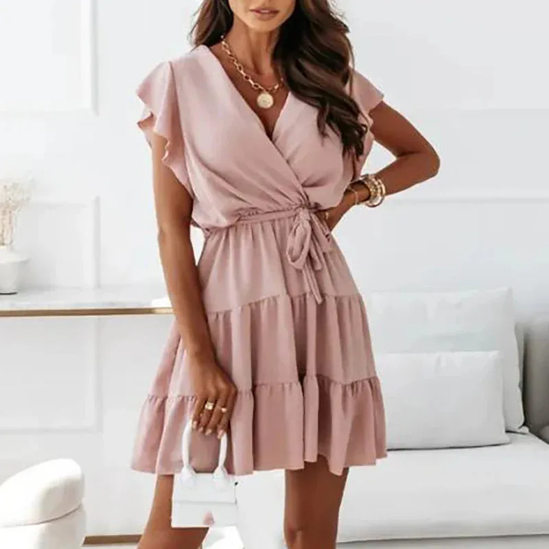 Solid Pleated Office Elegant Lace Waist Casual V-neck A-line Summer Short Dress