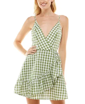 Speechless Junior's Gingham Cotton Faux Wrap Dress Green Size Medium