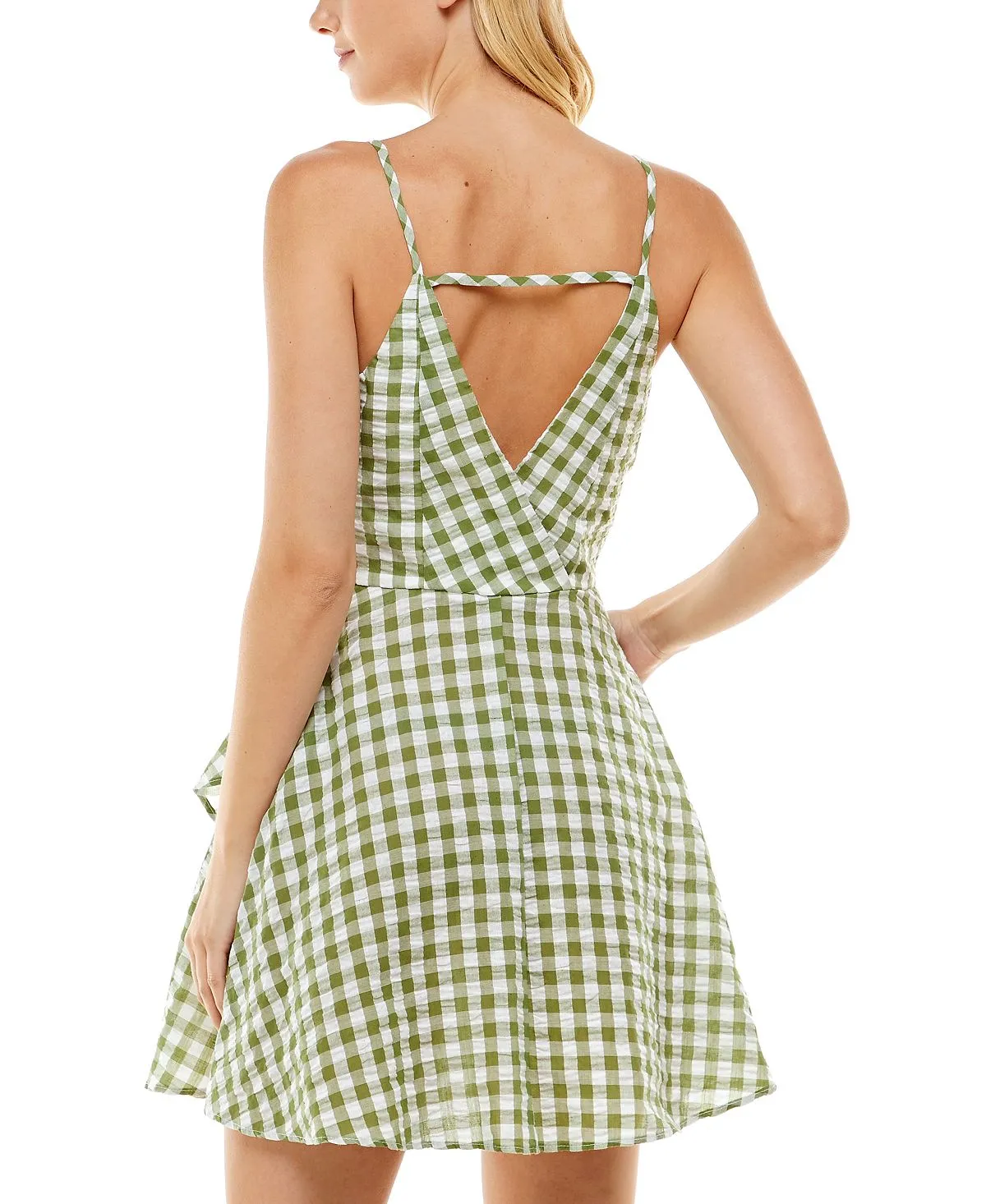 Speechless Junior's Gingham Cotton Faux Wrap Dress Green Size Medium