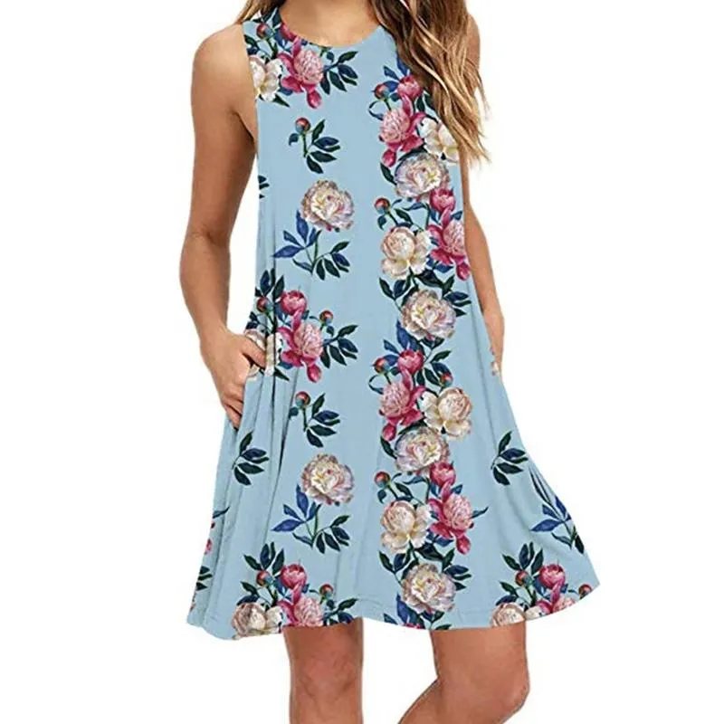 Spring / Summer Sleeveless Pullover Element Printed Pocket Swing Vest Dress-2