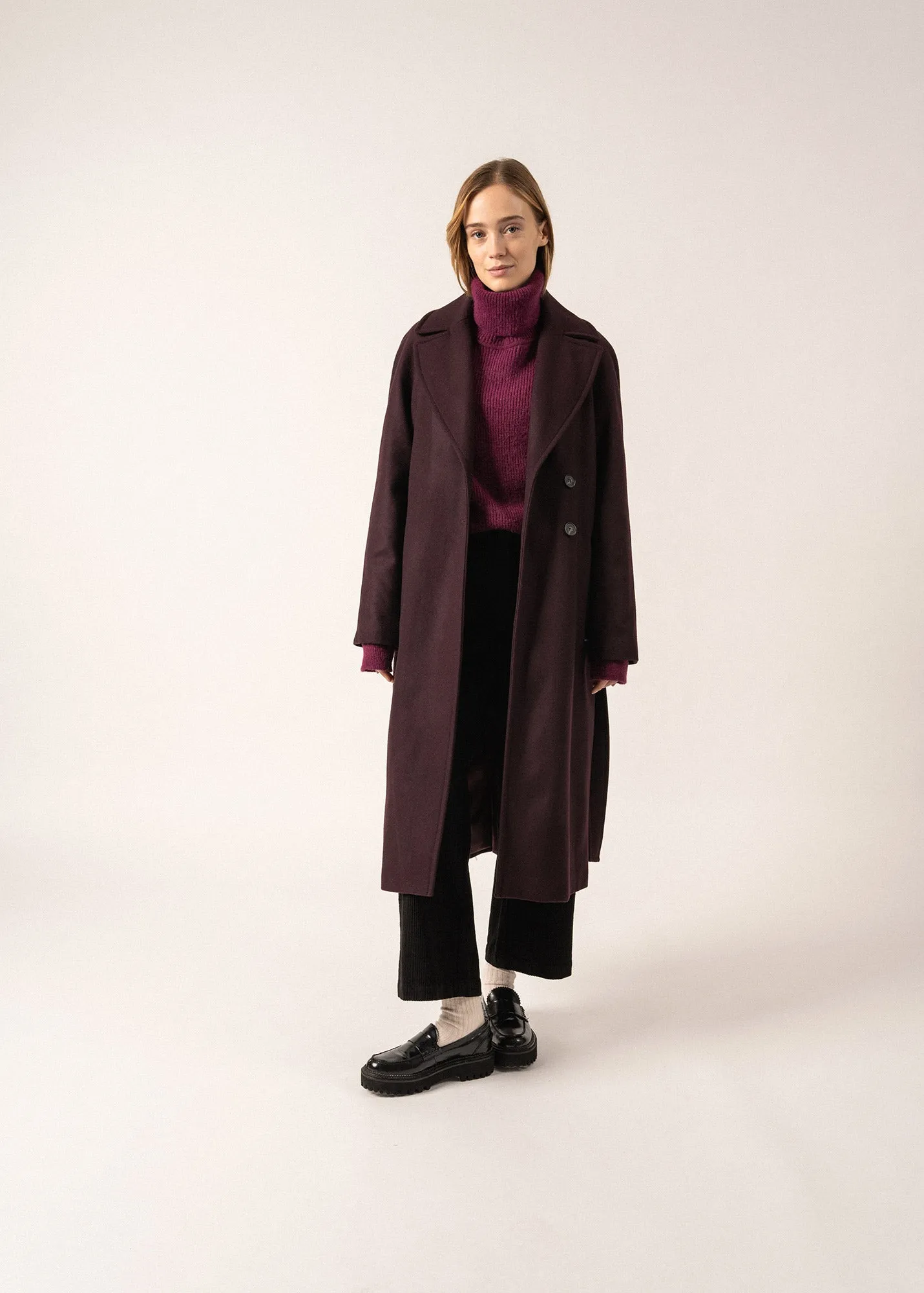 ST ENORA - Tailored Wool Blend Belted Coat for Women (DARK PLUM )