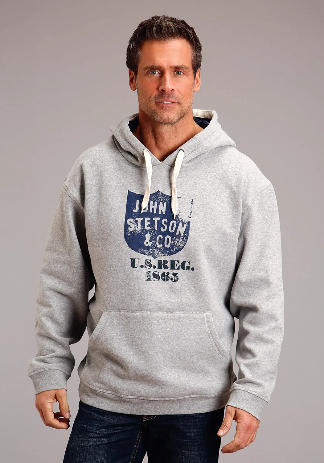 Stetson Mens Heather Grey Cotton Blend Distressed Shield Crest Hoodie