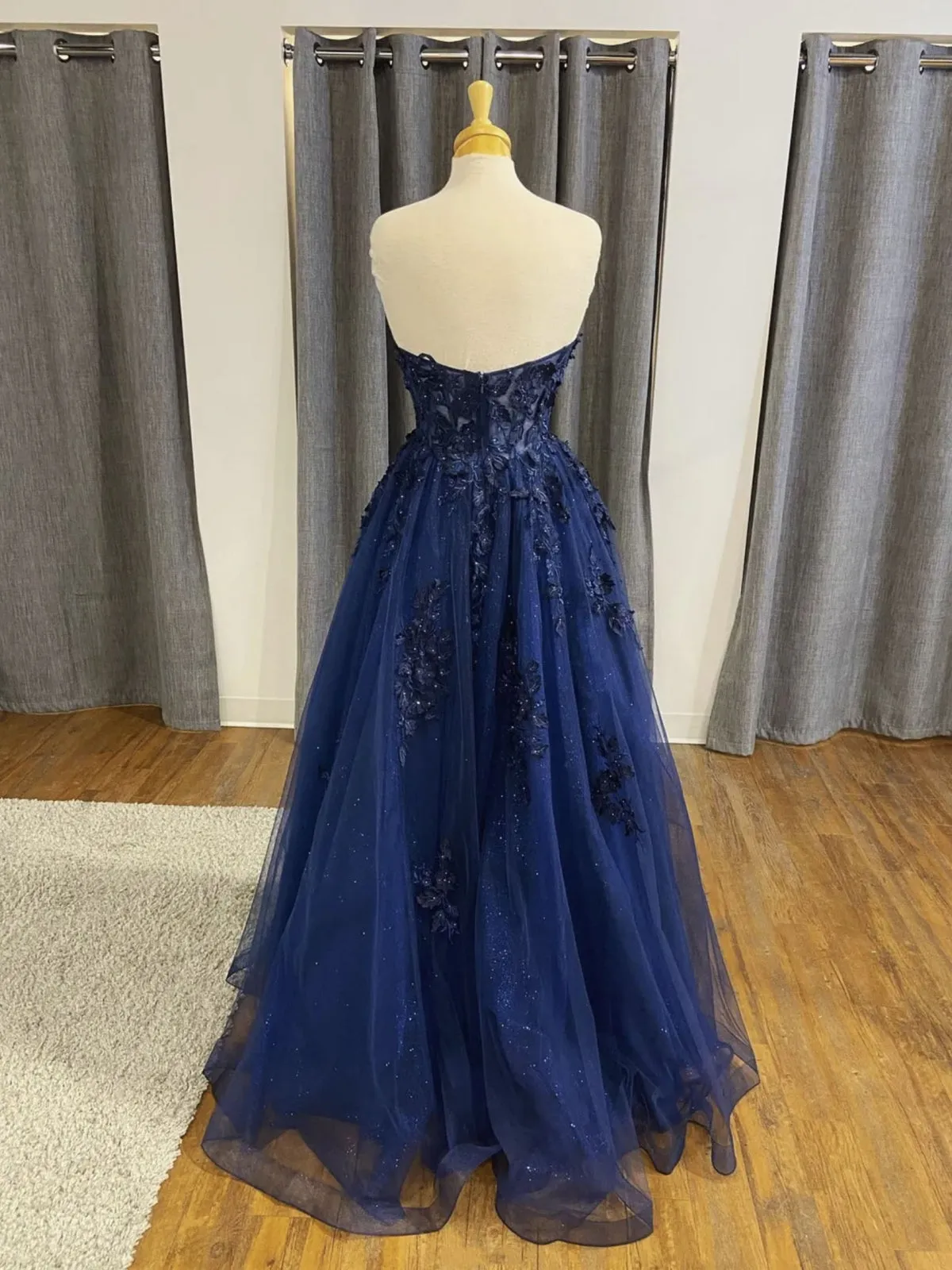 Strapless Open Back Navy Blue Lace Beaded Long Prom Dresses, Navy Blue Lace Formal Graduation Evening Dresses