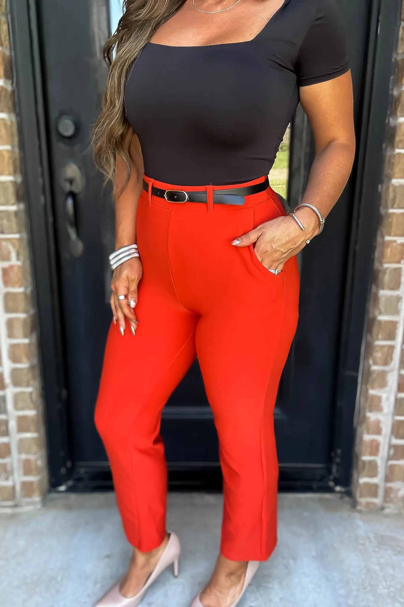 Stretchy Flaming Red Belted Side Pocket Straight Pants