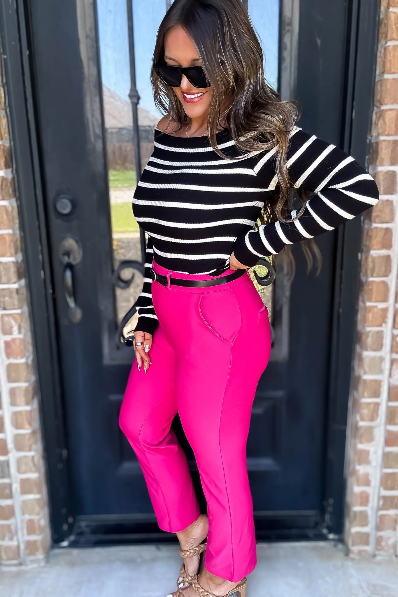 Stretchy Fuchsia Belted Side Pocket Straight Pants