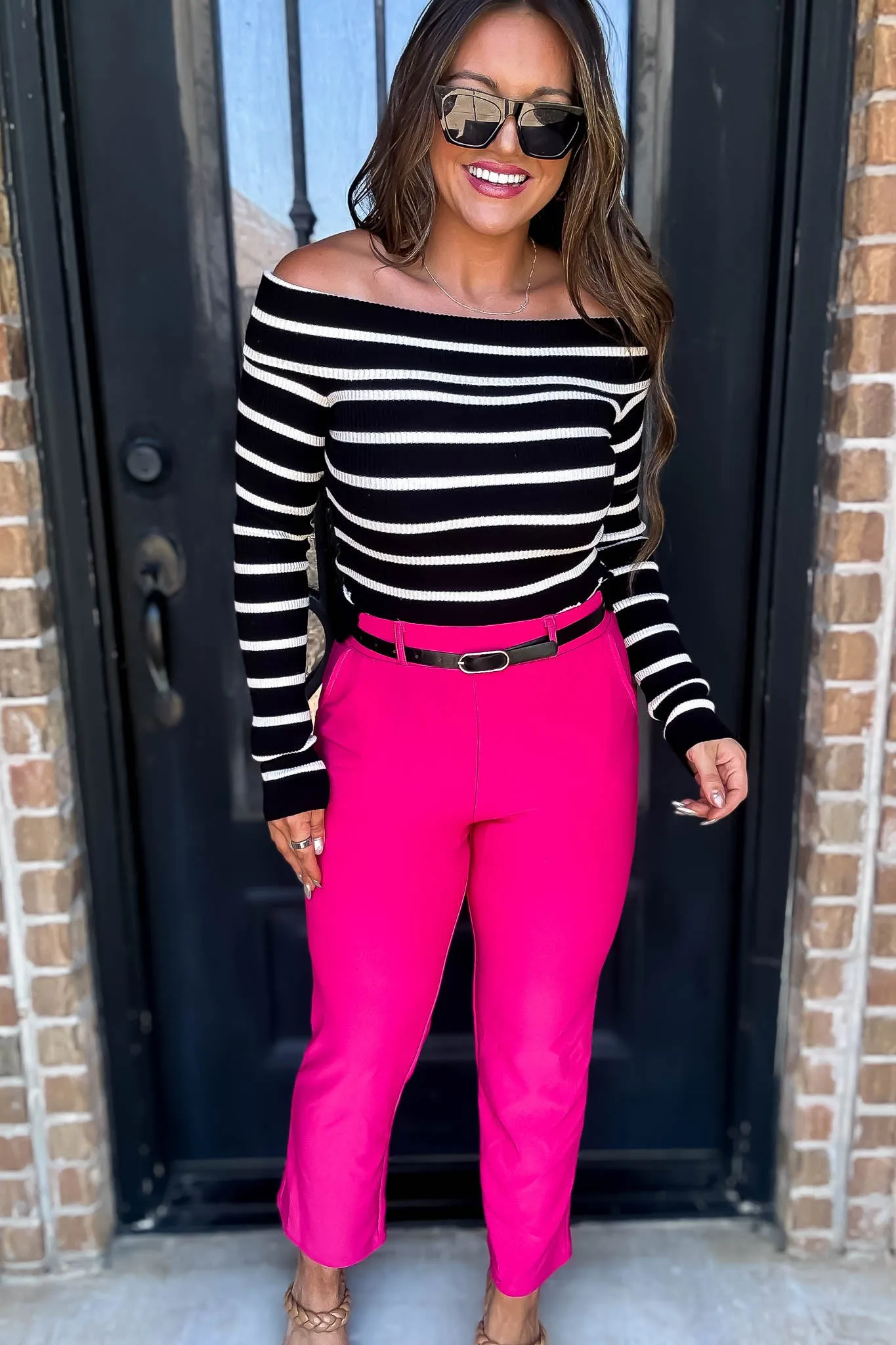 Stretchy Fuchsia Belted Side Pocket Straight Pants