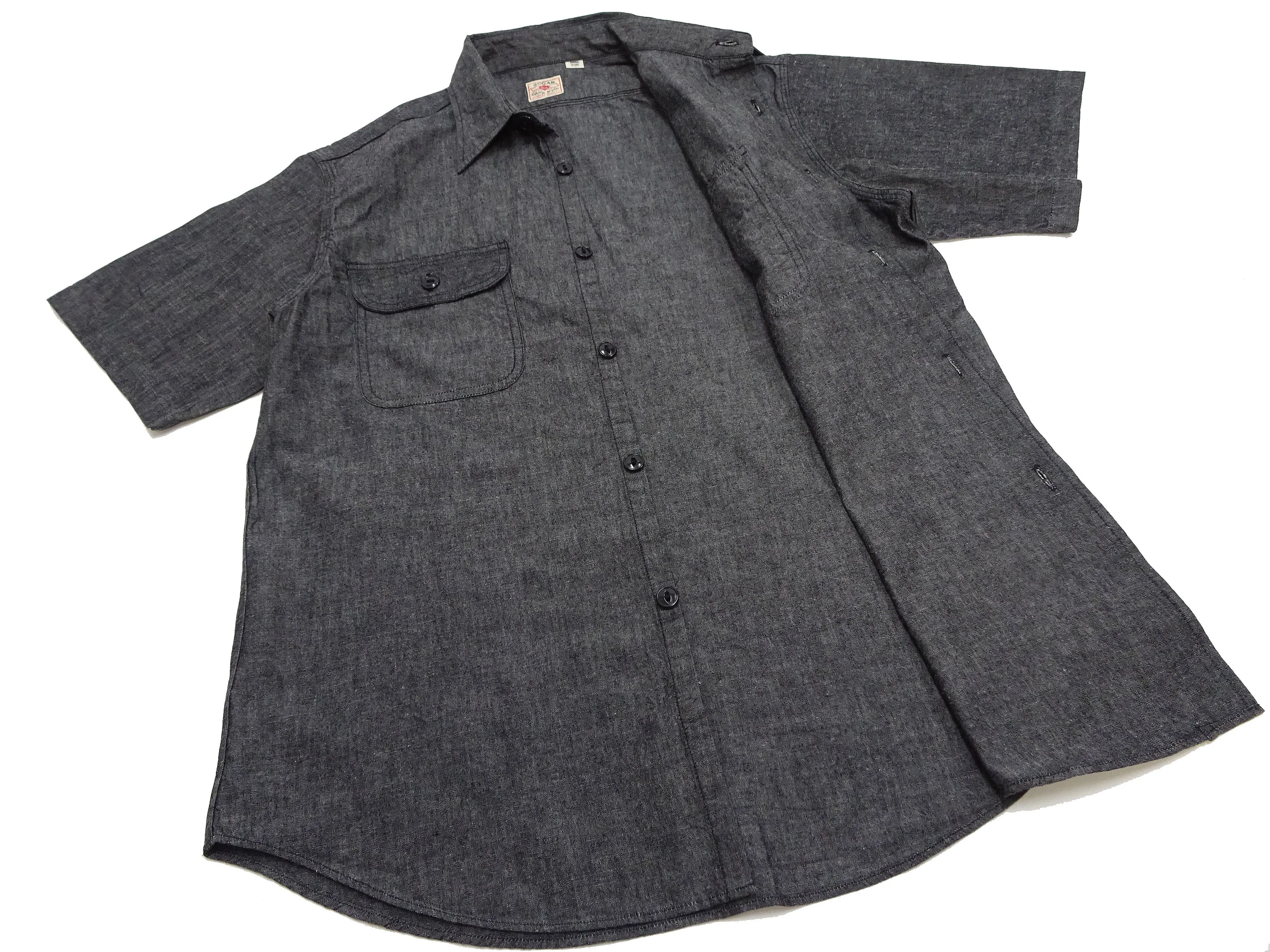 Sugar Cane Black Chambray Shirt Men's Casual Short Sleeve Plain Button Up Work Shirt SC39307 119 Black One Wash