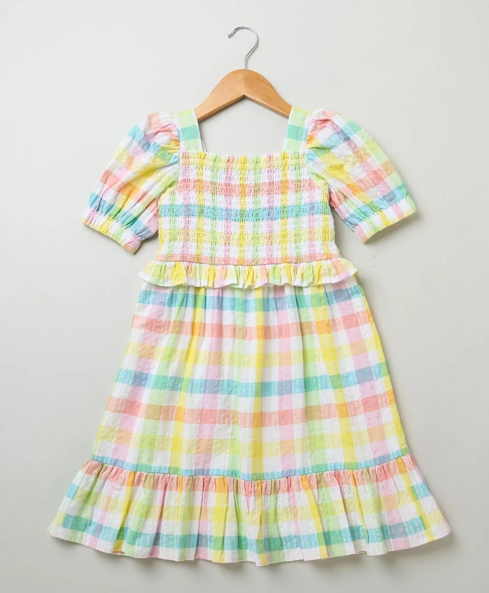 Sweetlime By AS Cotton Checkered A line Dress with smoking yoke- Multi