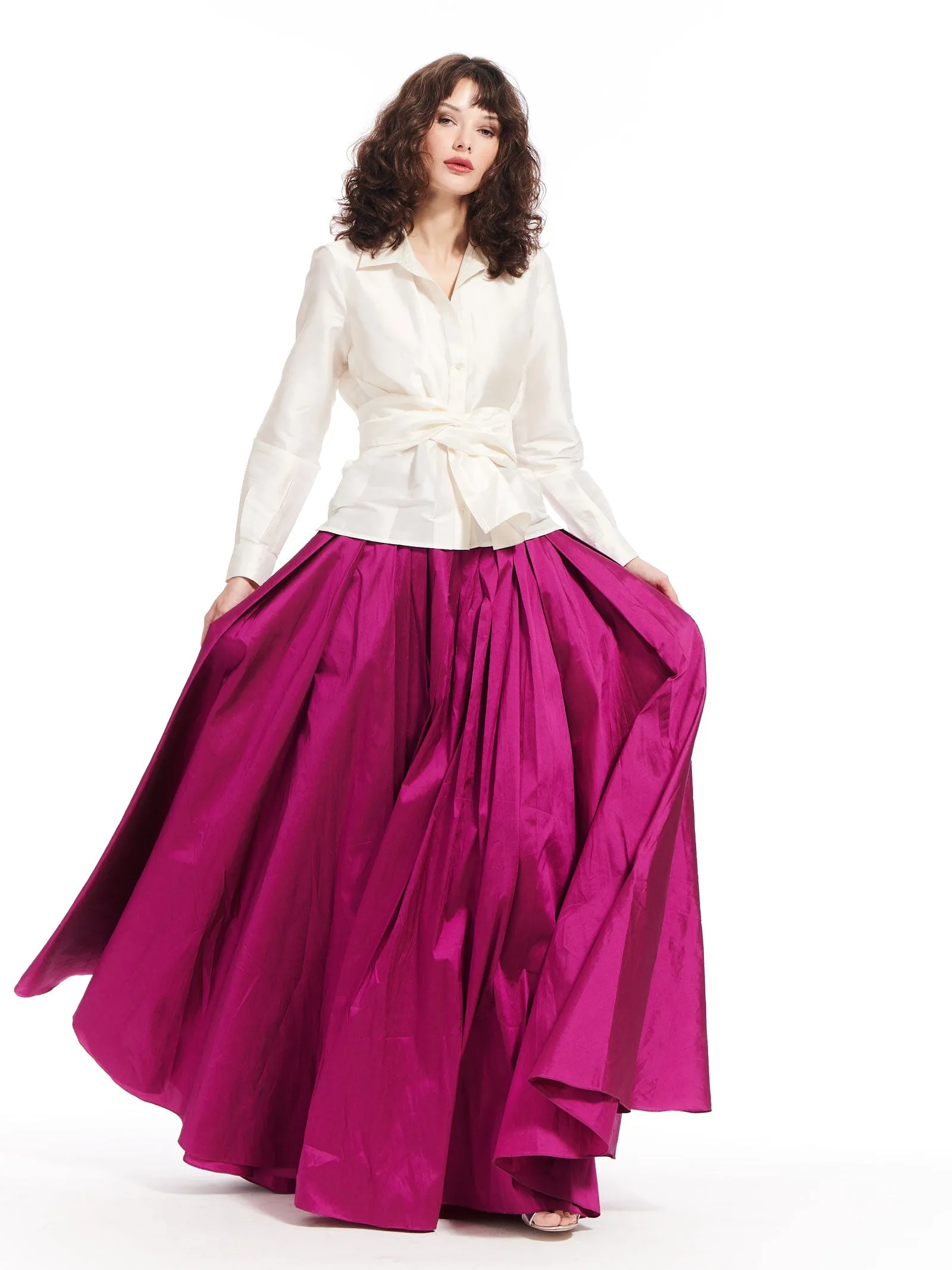 Taffeta Asymmetrical Wrap Shirt with Rhinestone Buttons