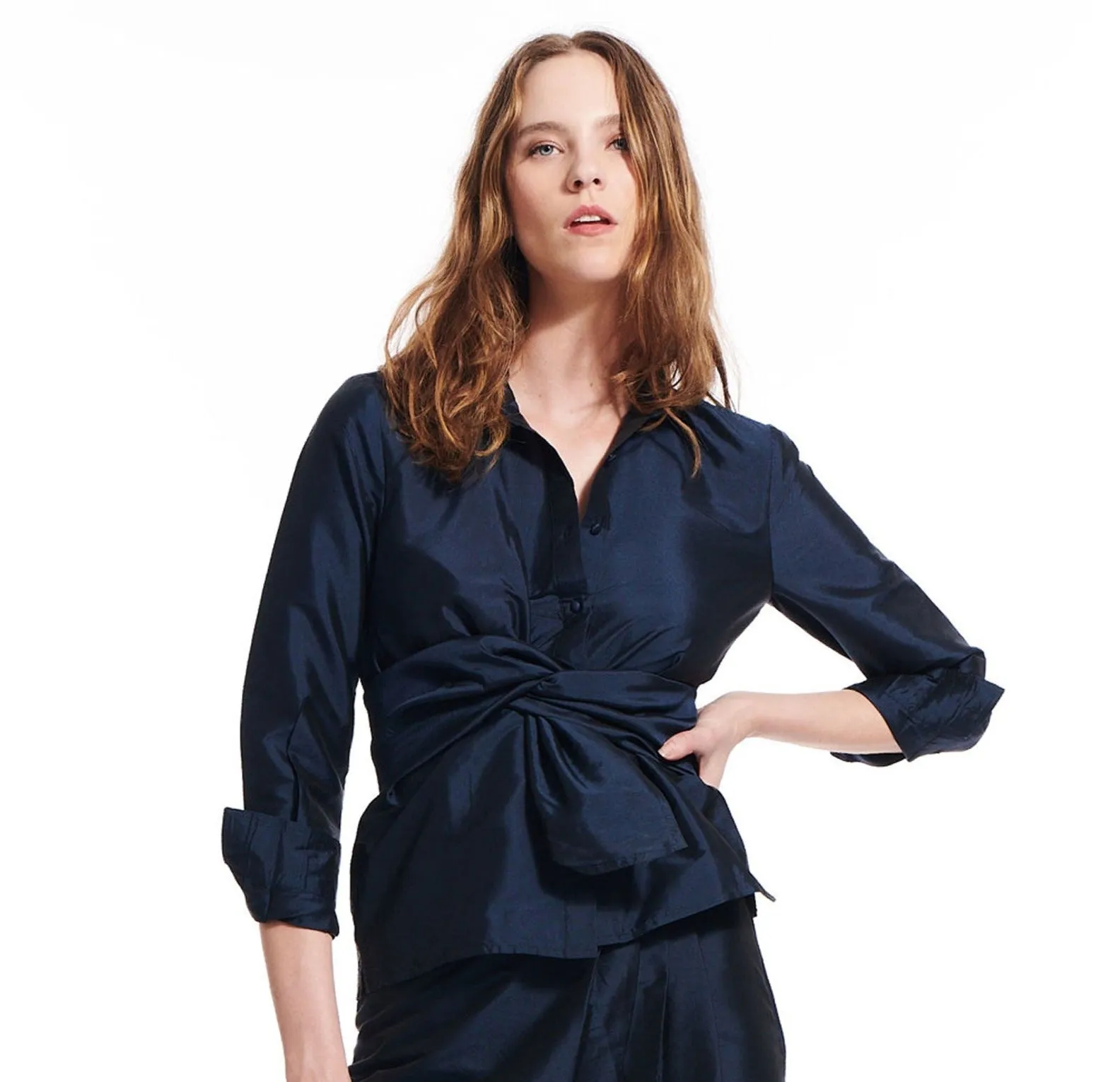 Taffeta Asymmetrical Wrap Shirt with Rhinestone Buttons