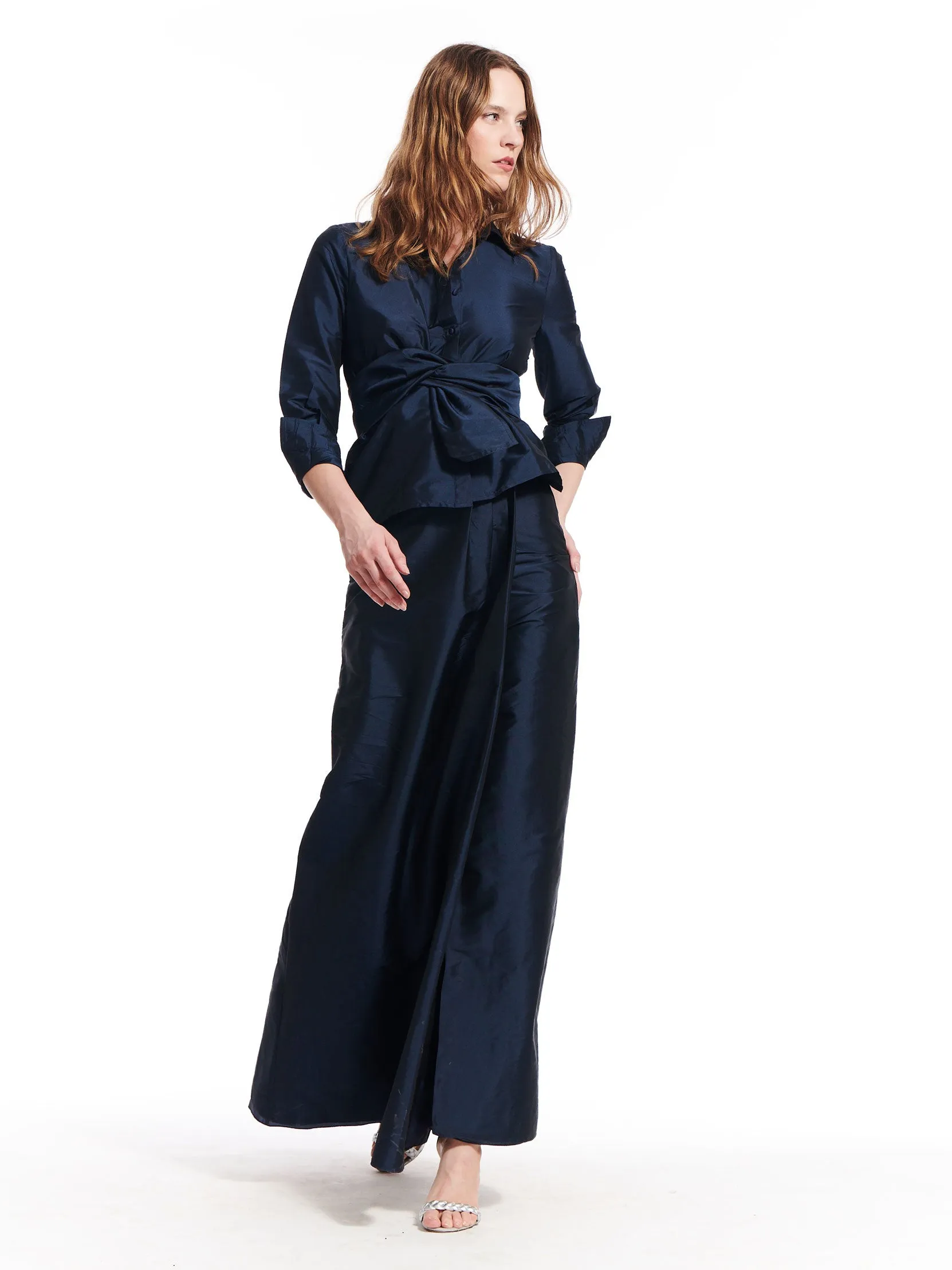 Taffeta Asymmetrical Wrap Shirt with Rhinestone Buttons