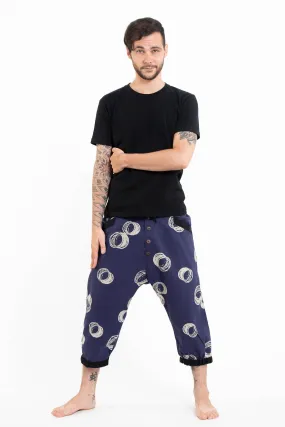 Unisex Circles Harem Pants with Faux Buttons in Navy