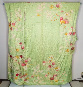 Unused Vintage 1960s Green Silk Furisode - Lightweight Silk - Hand Painted and Embroidered Flowers