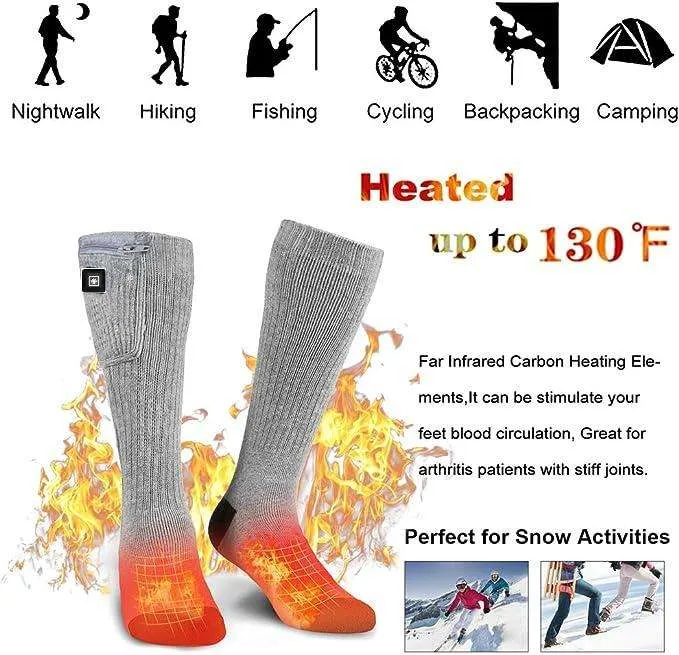 USB Rechargeable Black Casual Over-the-Knee Leg Warmers Winter Ice Fishing Socks With 3 Heating Settings and Logo Pattern