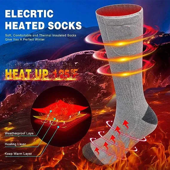 USB Rechargeable Black Casual Over-the-Knee Leg Warmers Winter Ice Fishing Socks With 3 Heating Settings and Logo Pattern