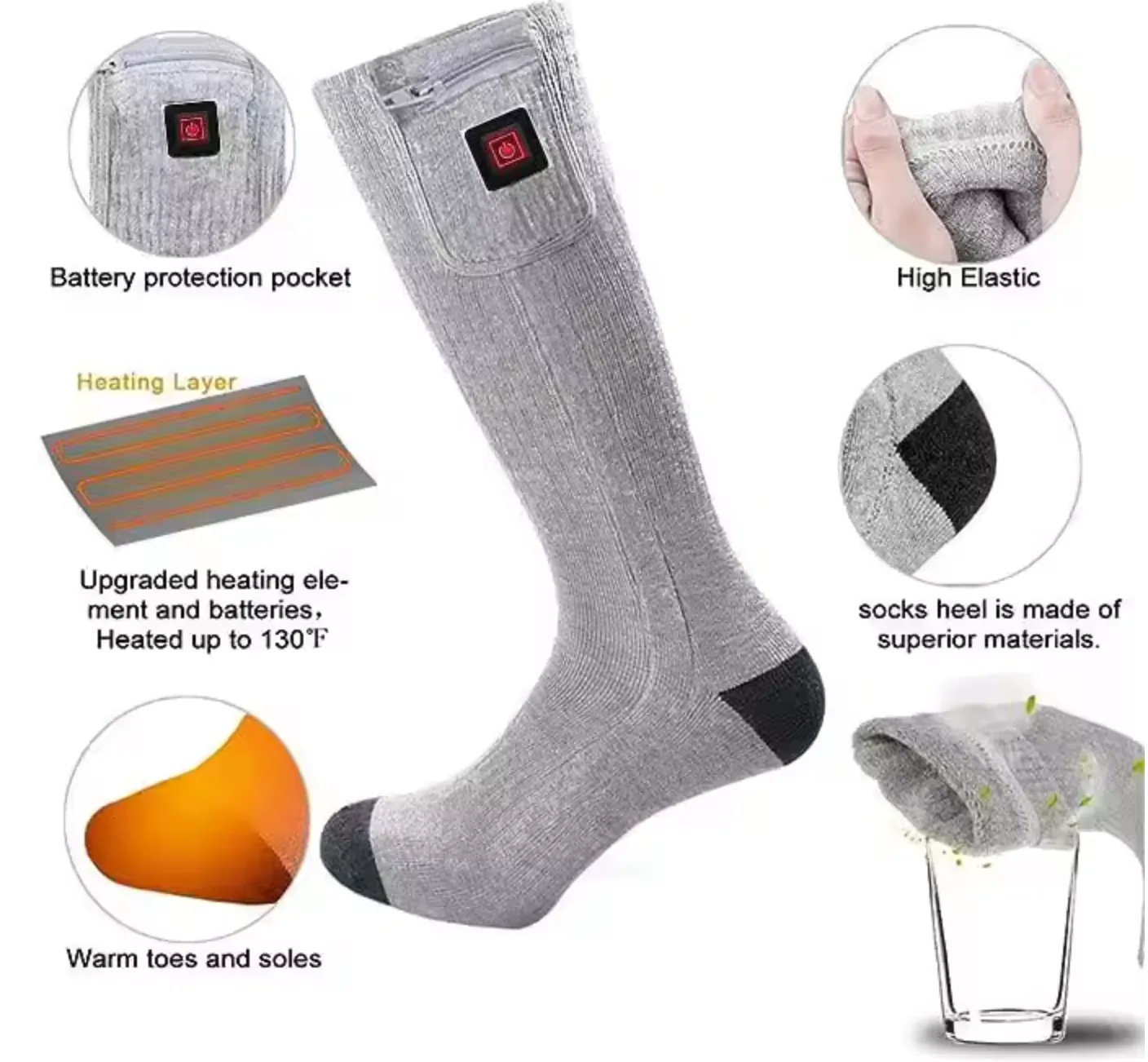 USB Rechargeable Black Casual Over-the-Knee Leg Warmers Winter Ice Fishing Socks With 3 Heating Settings and Logo Pattern