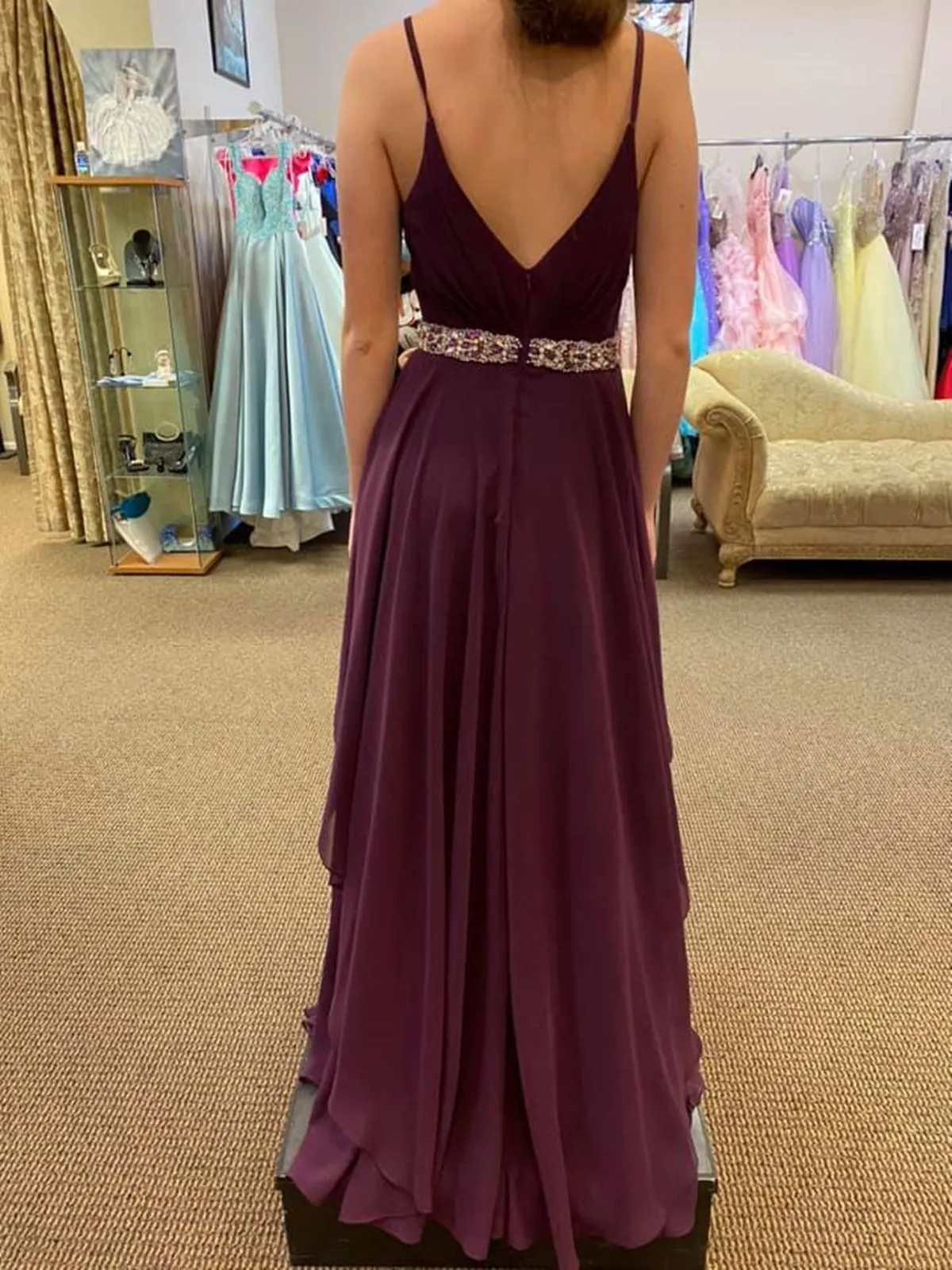 V Neck and V Back Purple Chiffon Long Prom Dresses with Belt, V Neck Purple Formal Graduation Evening Dresses