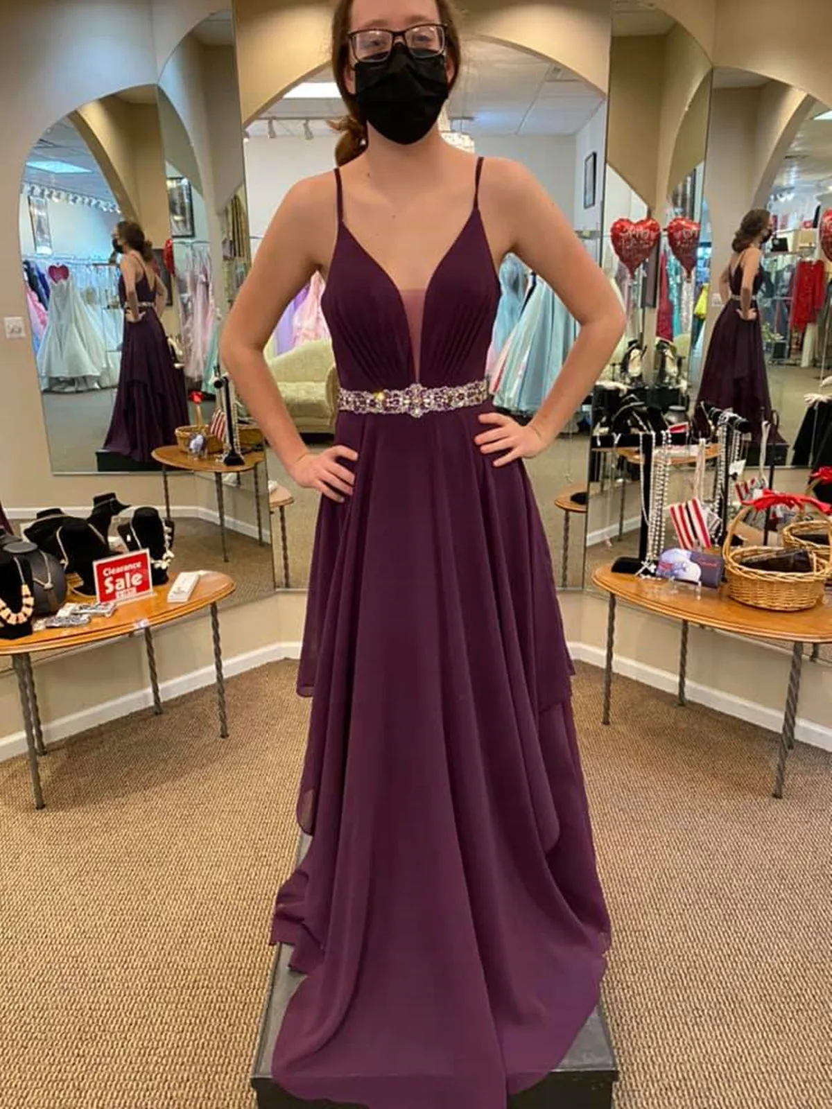 V Neck and V Back Purple Chiffon Long Prom Dresses with Belt, V Neck Purple Formal Graduation Evening Dresses