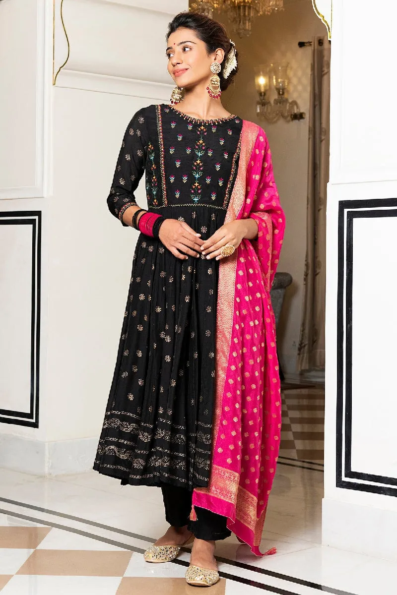 Vanya Black Rogan Embroidered Flared Kurta With Pant & Silk Dupatta