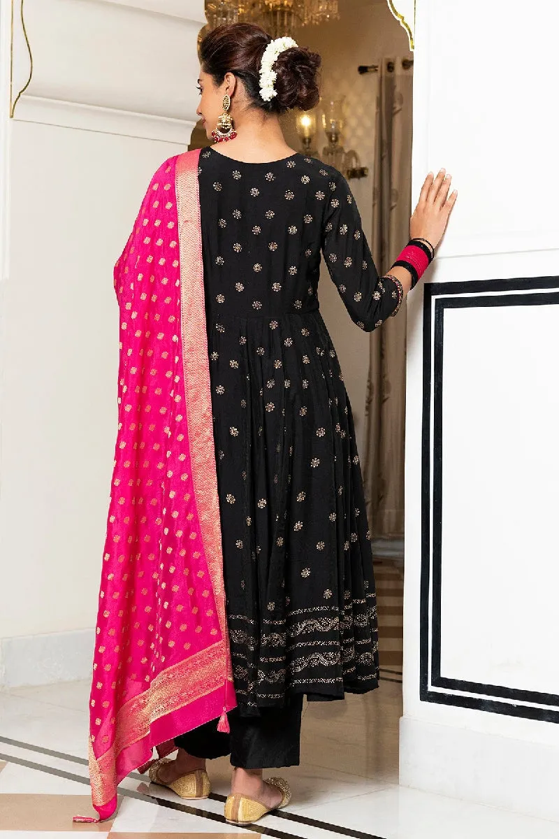 Vanya Black Rogan Embroidered Flared Kurta With Pant & Silk Dupatta