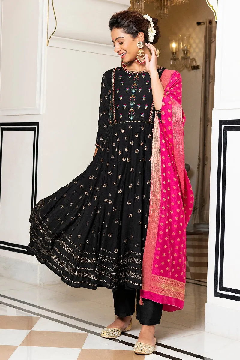 Vanya Black Rogan Embroidered Flared Kurta With Pant & Silk Dupatta