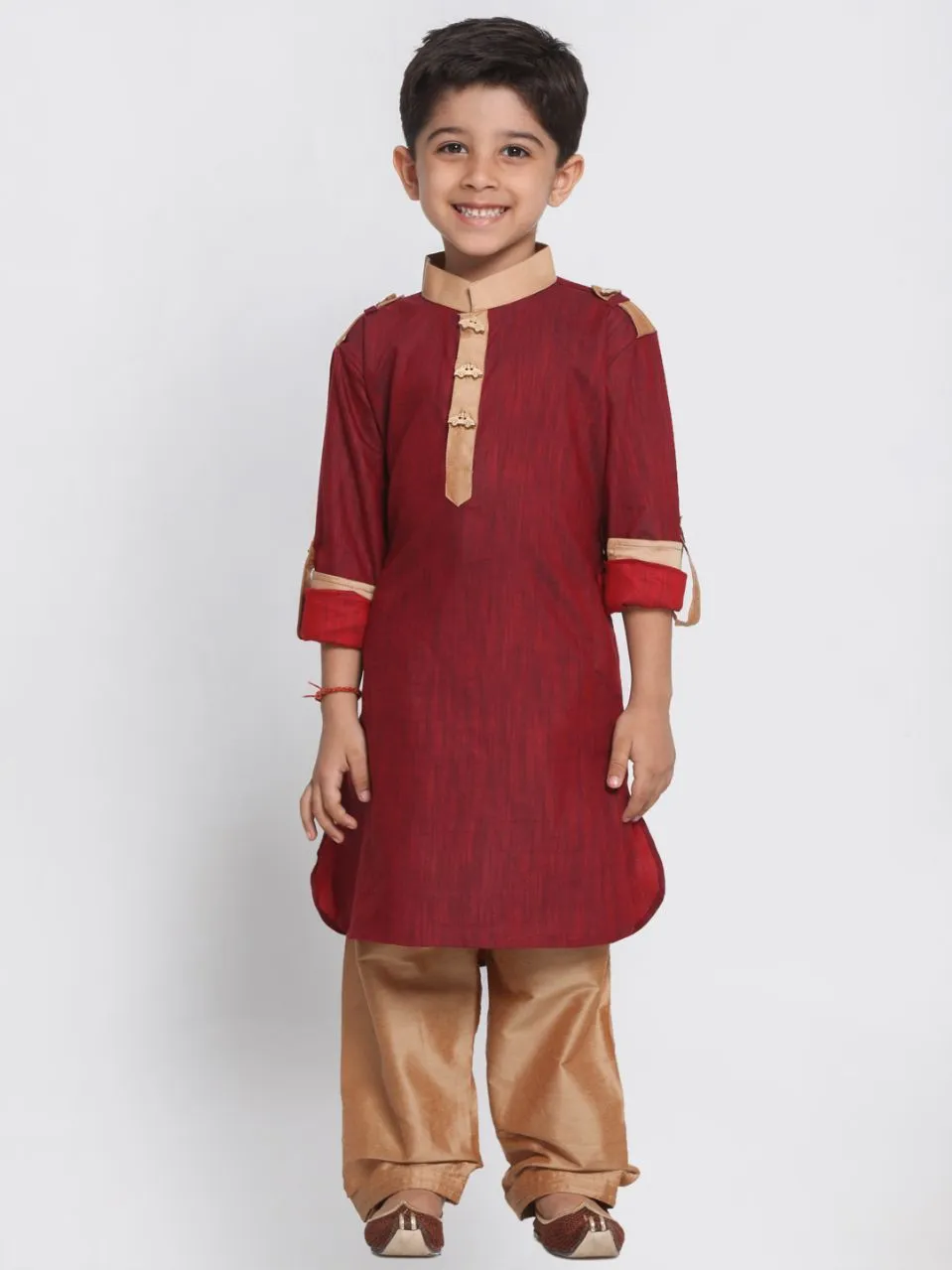 VASTRAMAY Boy's Maroon Cotton Pathani Suit