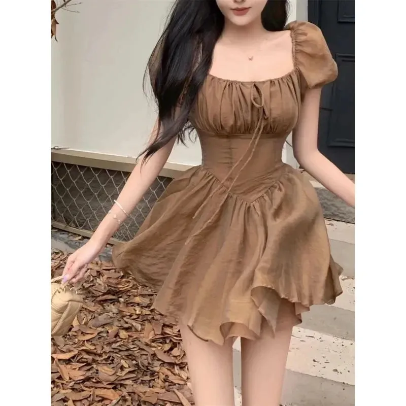 Vintage Brown Mini Dress Retro Elegant Wrap Puff Sleeve Square Collar Slim Short Dresses Summer Sundress