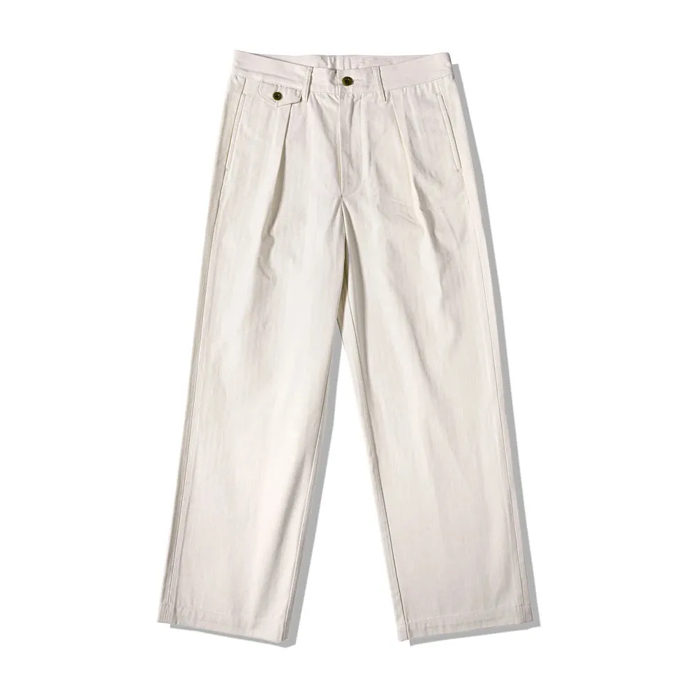 White Men's Casual Pants Herringbone Wide Leg Pleated Trousers