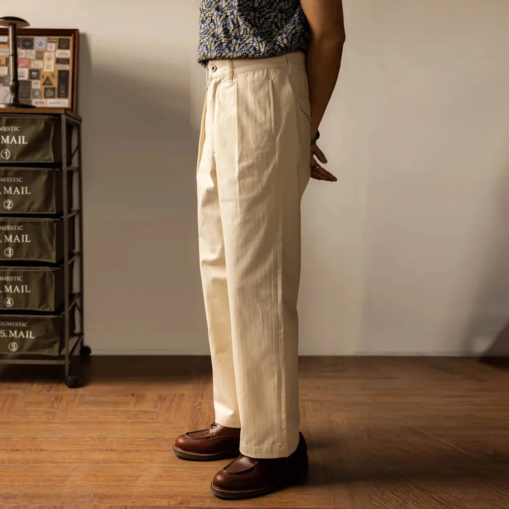 White Men's Casual Pants Herringbone Wide Leg Pleated Trousers