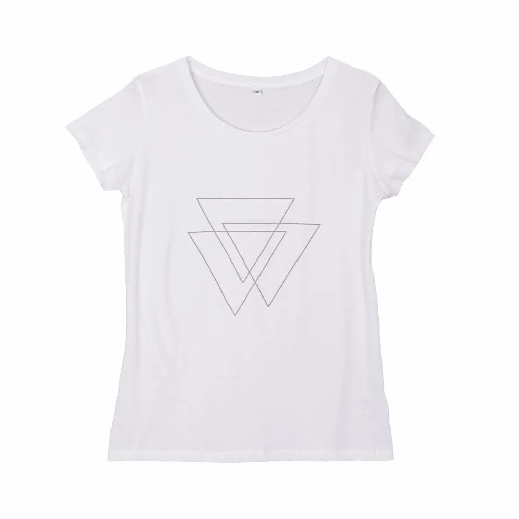 White tee with grey triangles