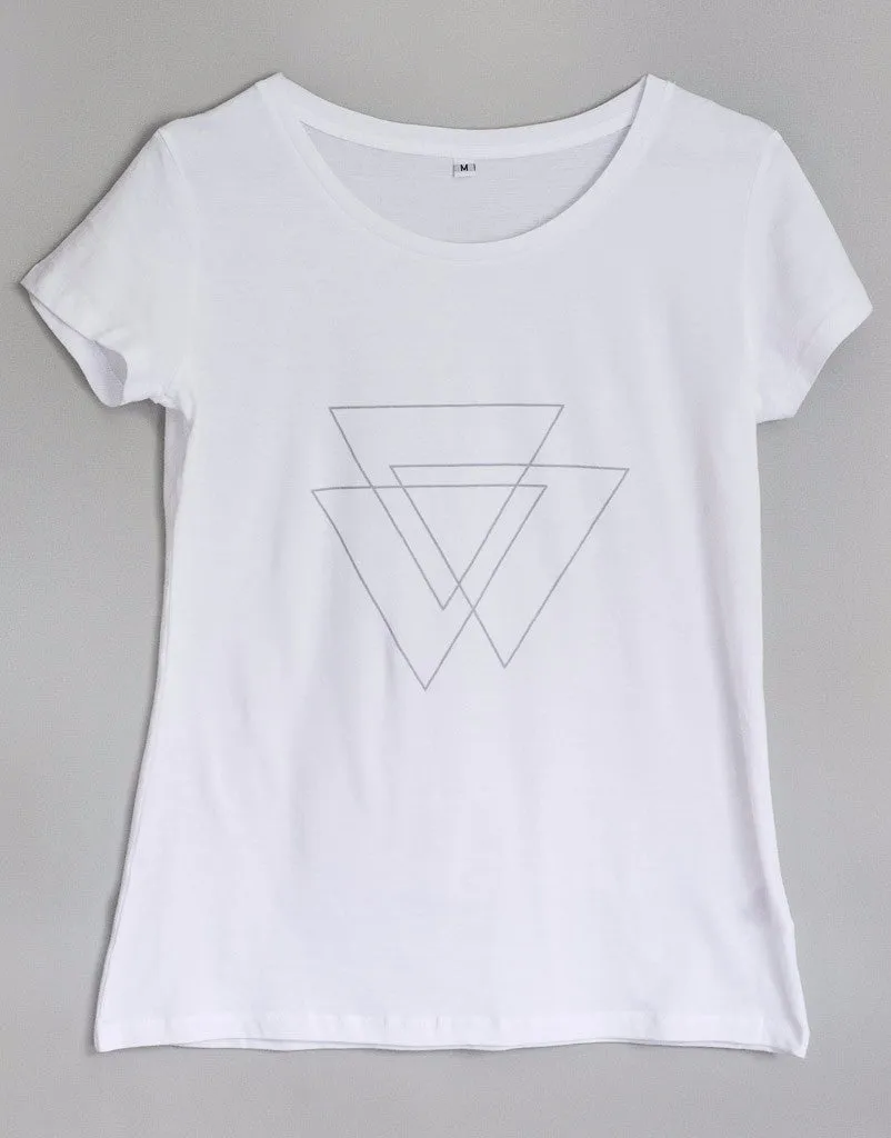 White tee with grey triangles