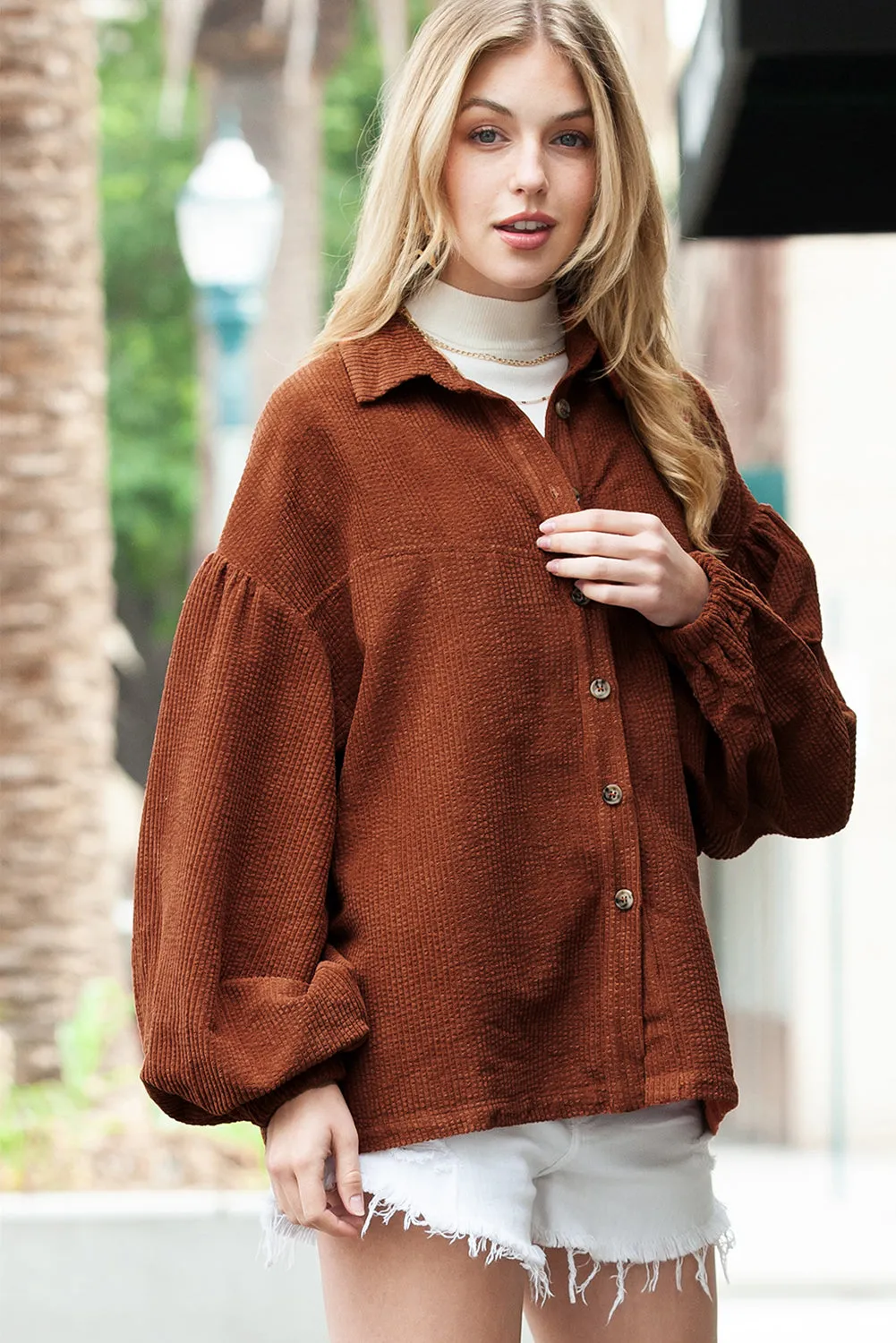 Wholesale Coffee Corduroy Button Up Lantern Sleeve Jacket