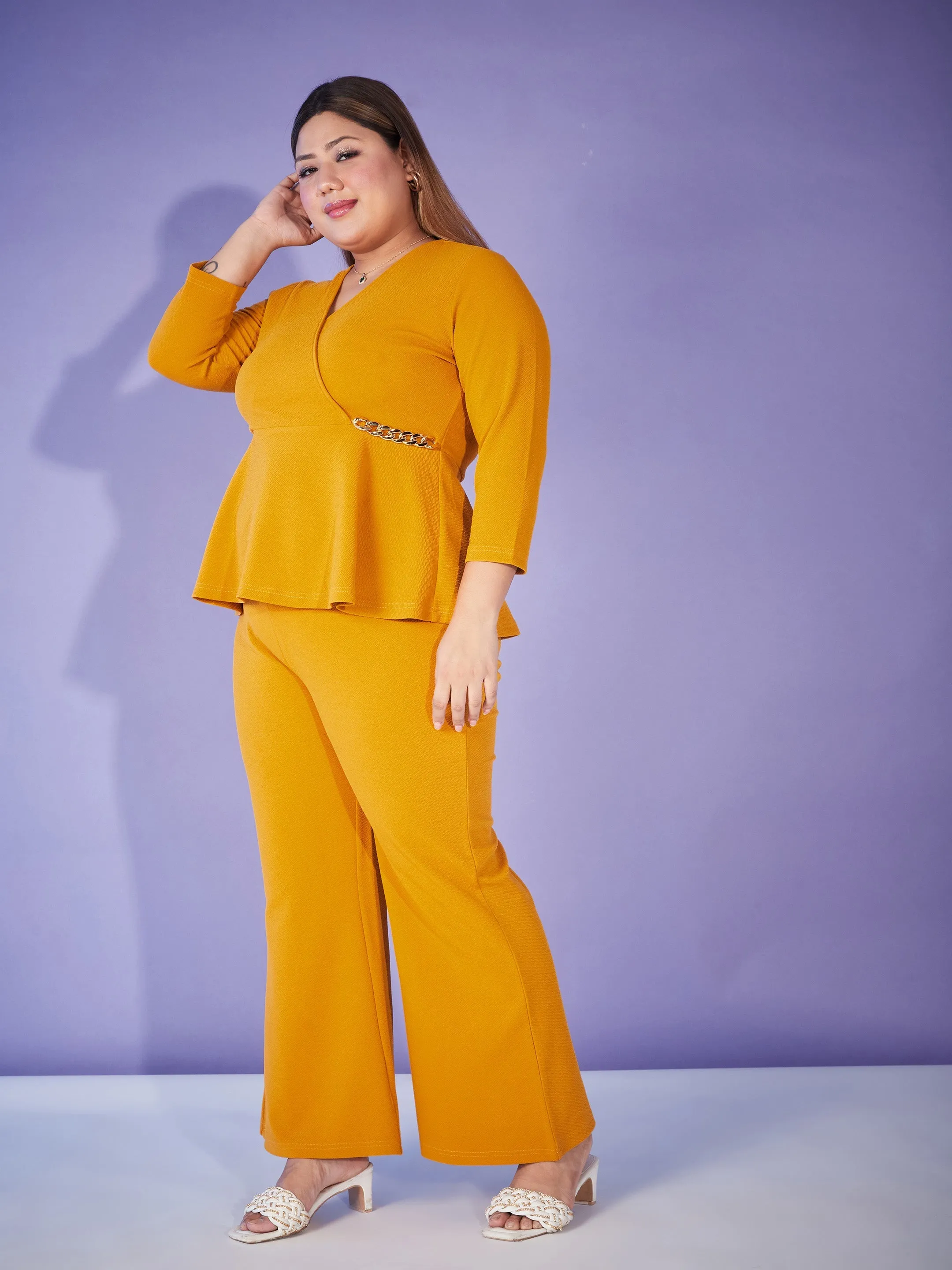 Women Mustard Chain Peplum Top With Bell Bottom Pants