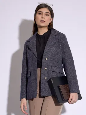 Women Navy Tweed Notch Collar Single-Breasted Blazer