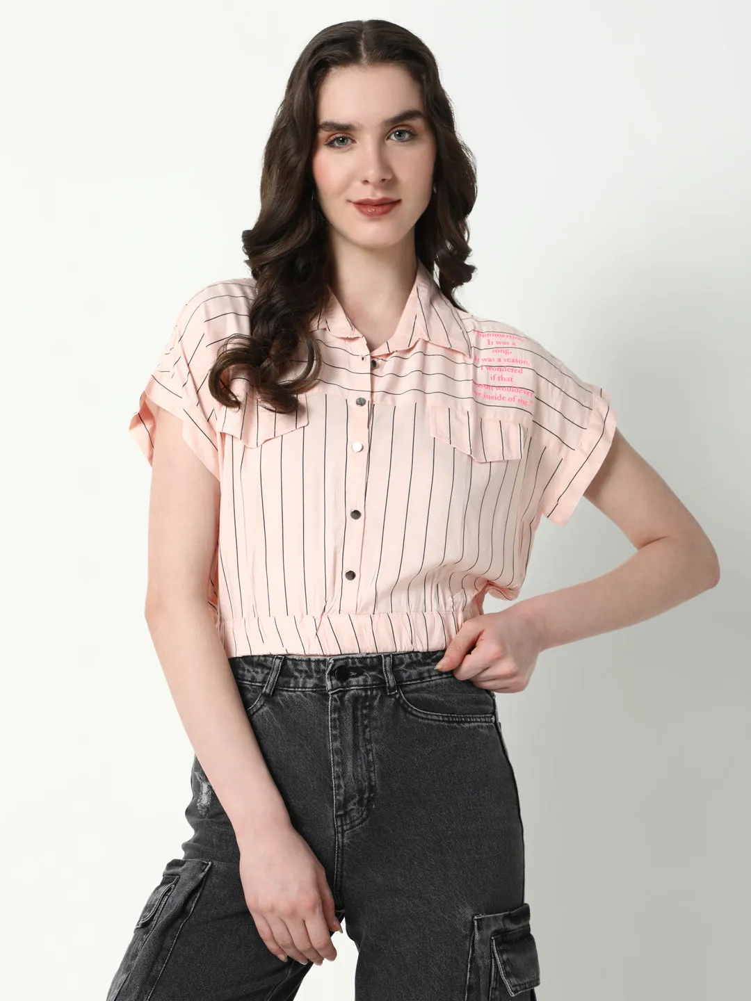 Women Peach Striped Shirt Style Crop Top