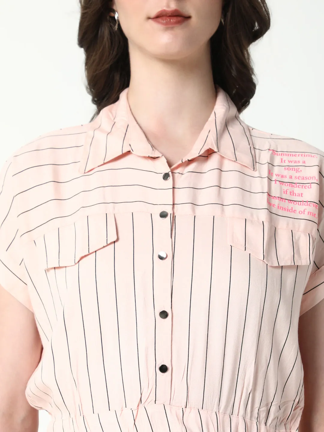 Women Peach Striped Shirt Style Crop Top