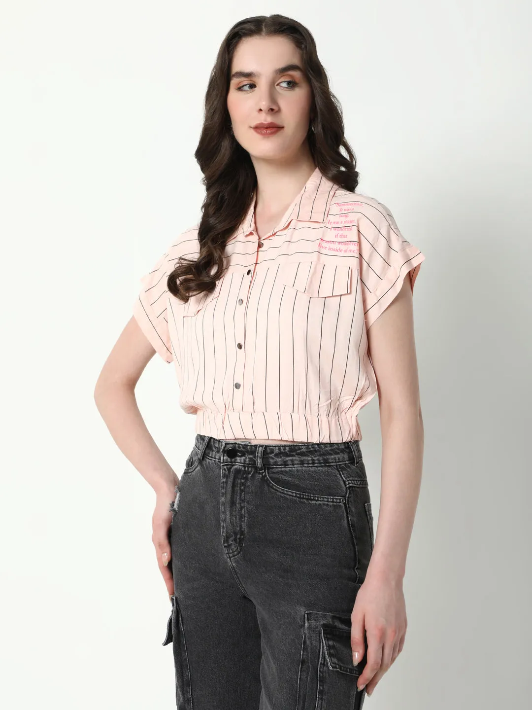 Women Peach Striped Shirt Style Crop Top