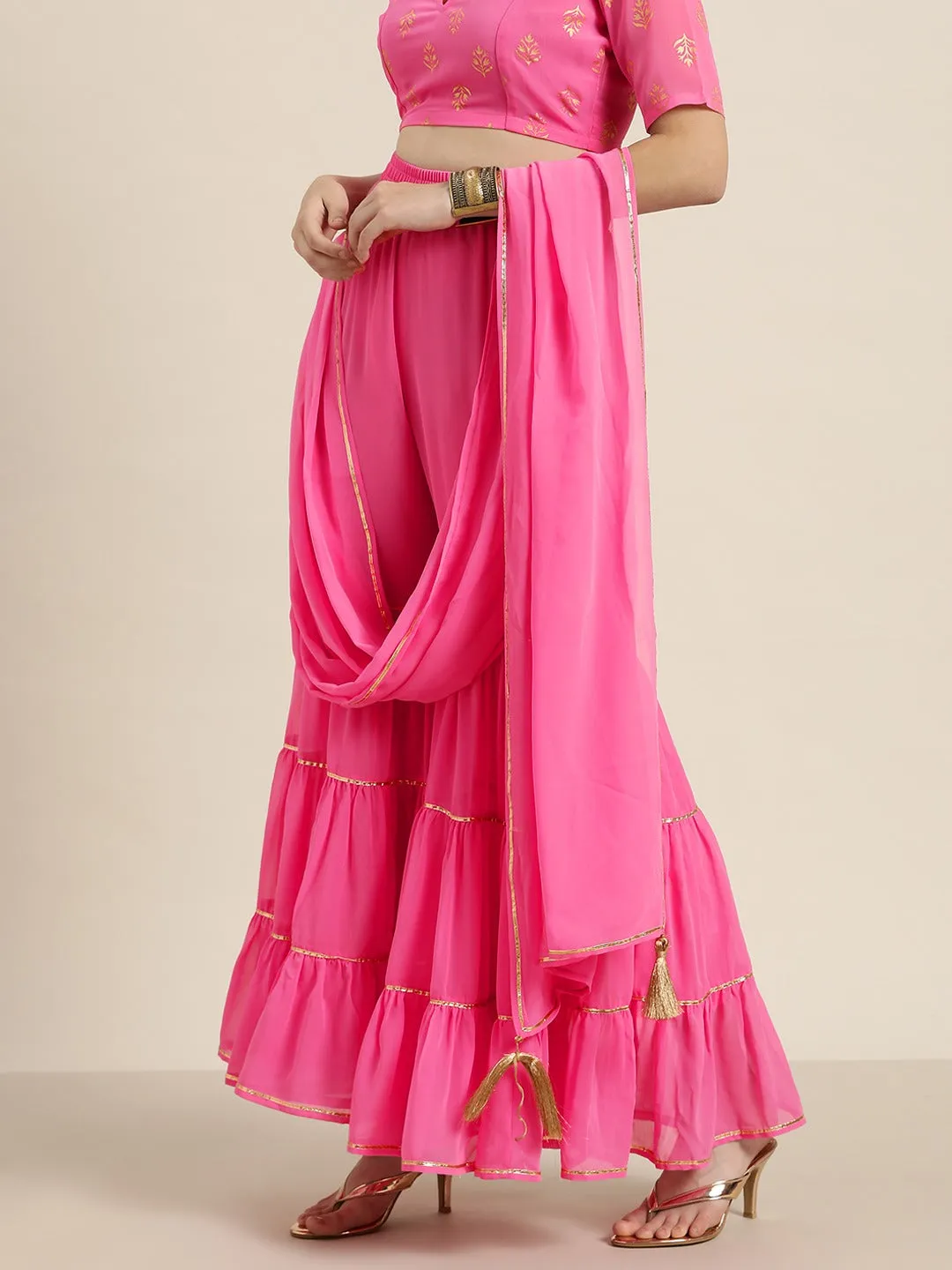 Women Pink Tiered Palazzo With Attached Pallu