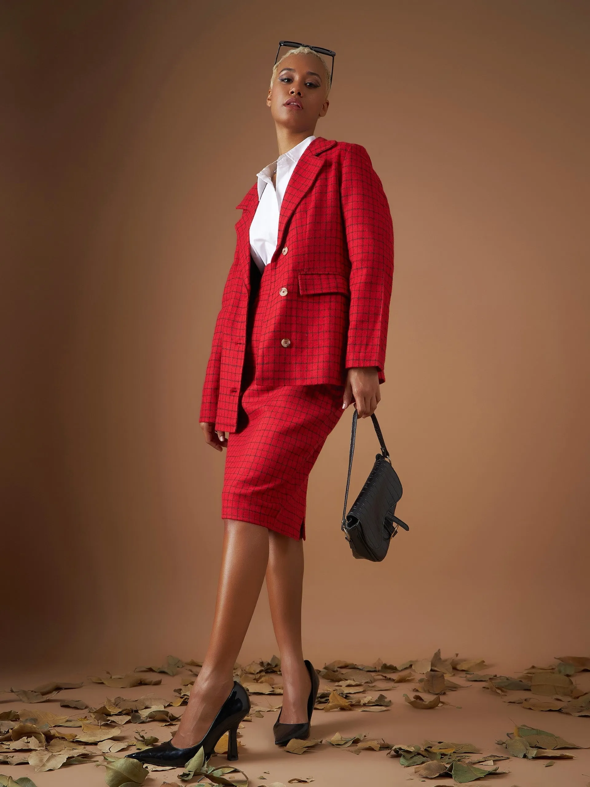 Women Red Check Jacquard Tweed Notch Collar Blazer