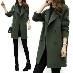 Women Wool Blend Warm Long Coat Female Slim Fit Lapel Woolen