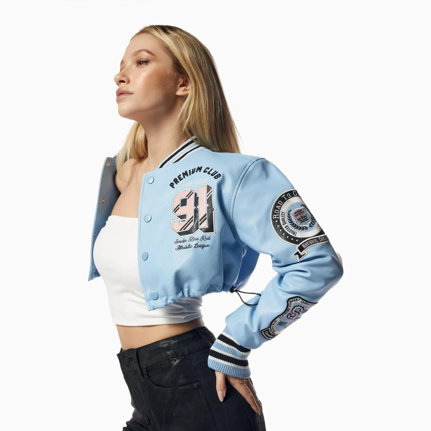 Women's Crop Pu Varsity Jacket