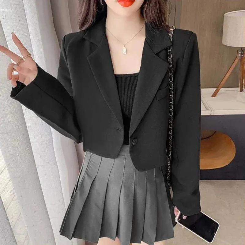 Women's Cropped Blazer – Solid Color Single-Button Long Sleeve Office Suit Jacket